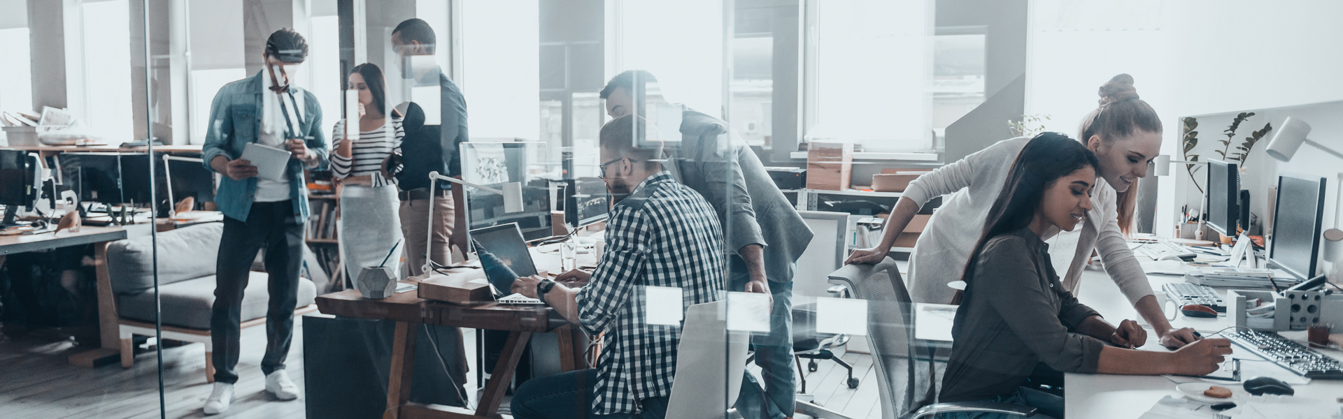 People working in an office building